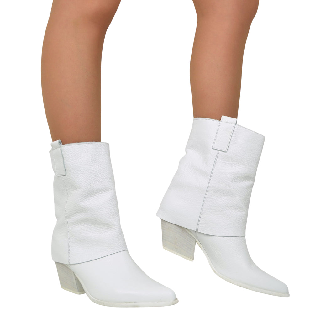Women's Texan Boots with Ankle Gaiter in White Leather - 5
