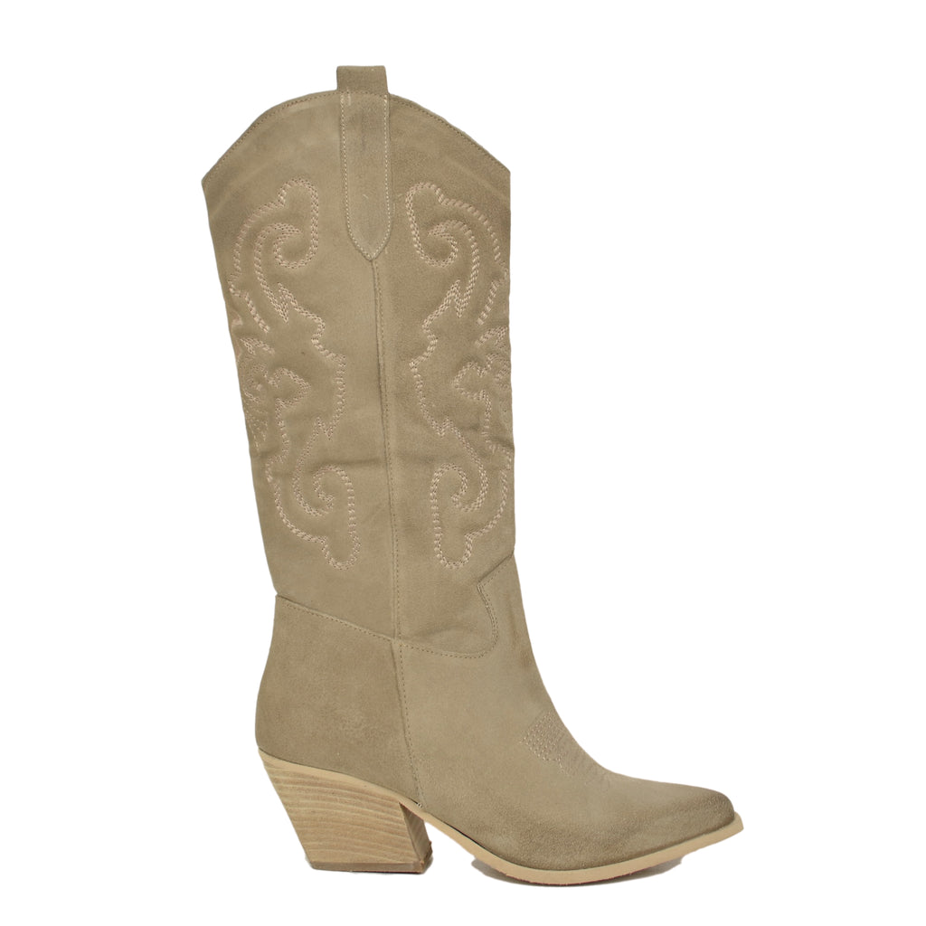 Taupe Texan Boots in Suede with Stitching - 2