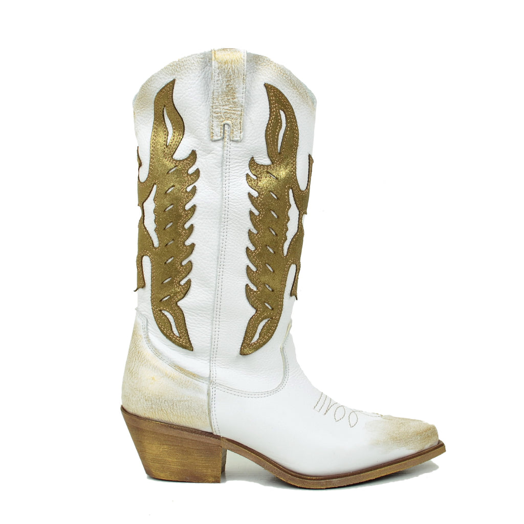 Women's Texan Boots with Zip in White and Golden Shaded Leather - 3
