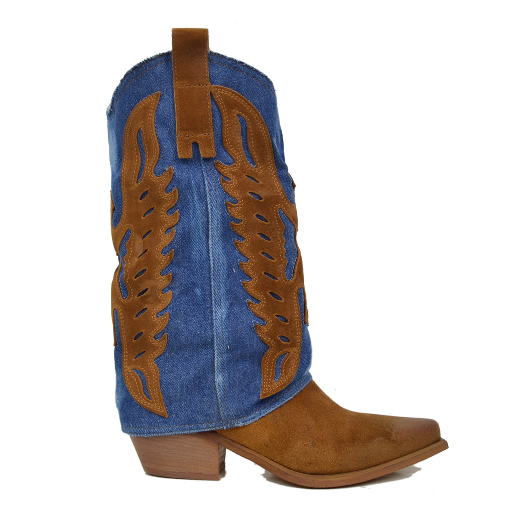 Women's Texan Boots with Gaiter in Jeans and Suede - 3