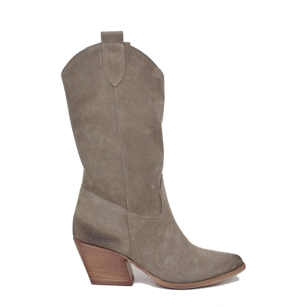 Women's Cowboy Boots in Taupe Suede Leather Made in Italy - 2