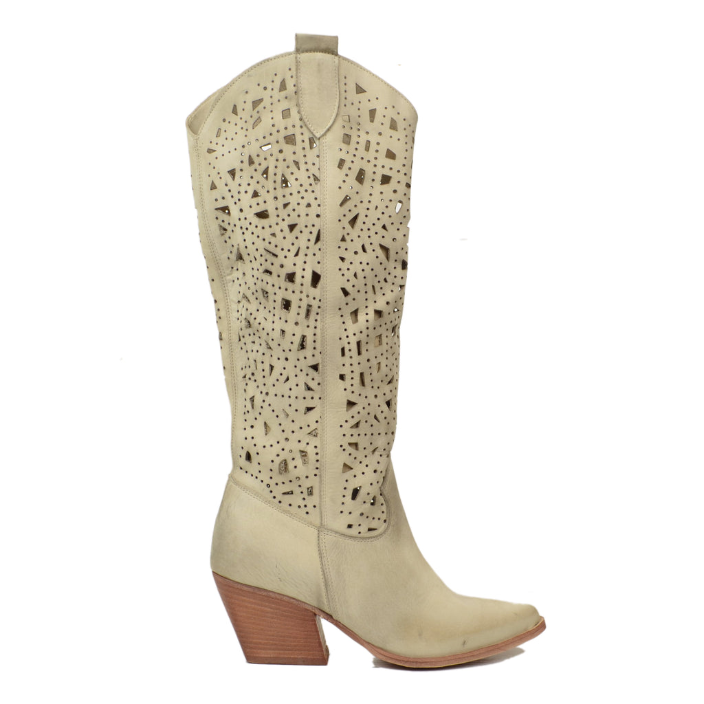 Perforated Summer Texan Boots in Vintage Beige Nubuck Made in Italy - 2