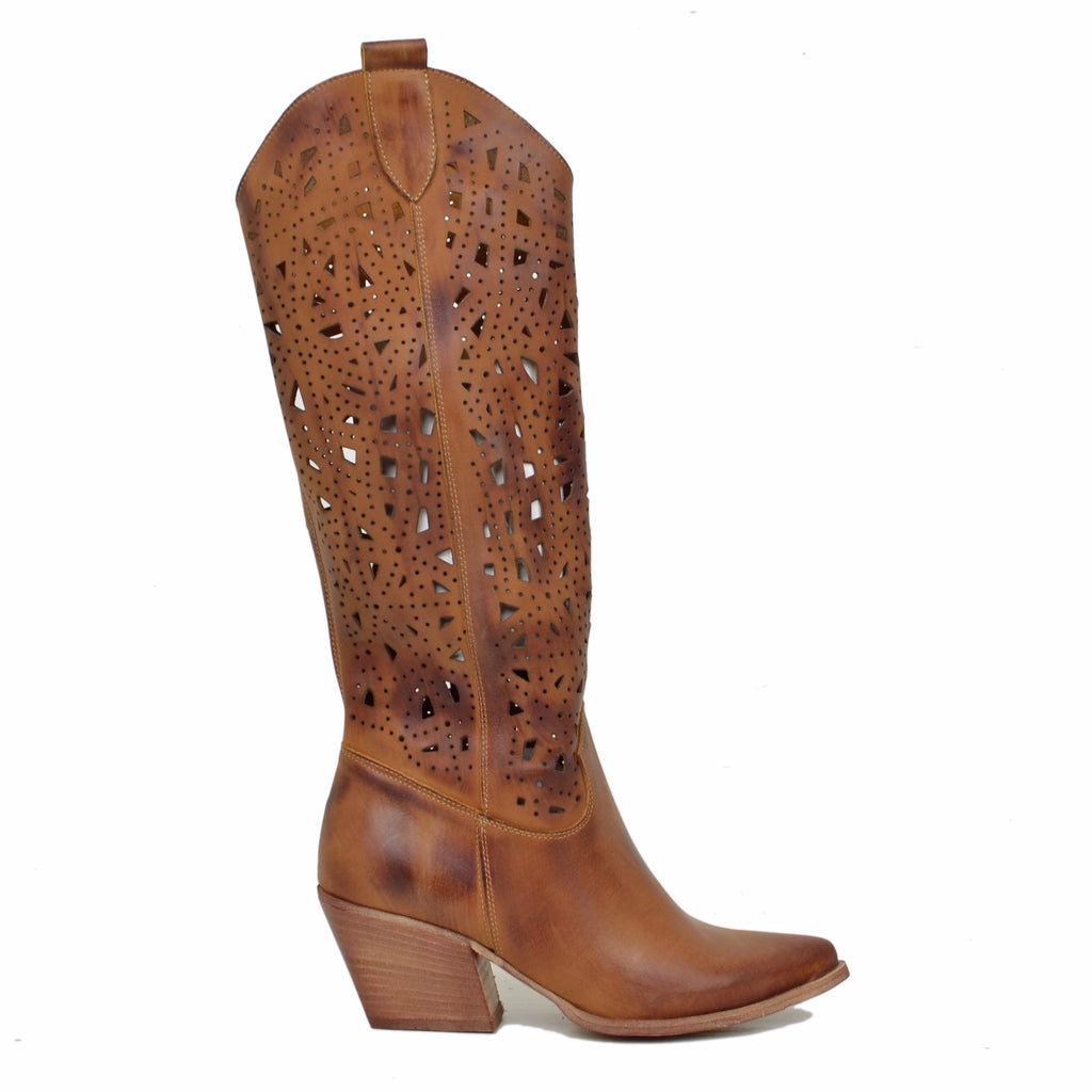 Brown Summer Texan Boots in Perforated Leather Made in Italy - 2