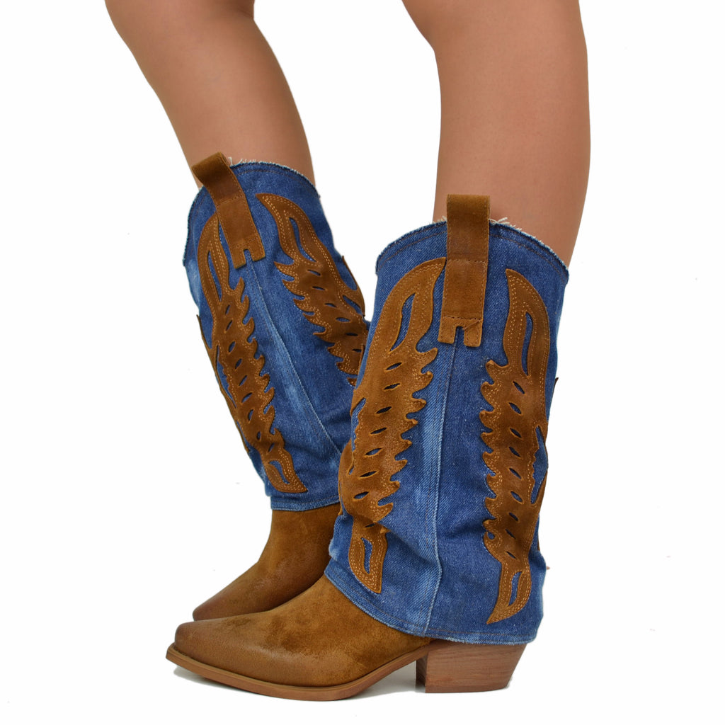 Women's Texan Boots with Gaiter in Jeans and Suede