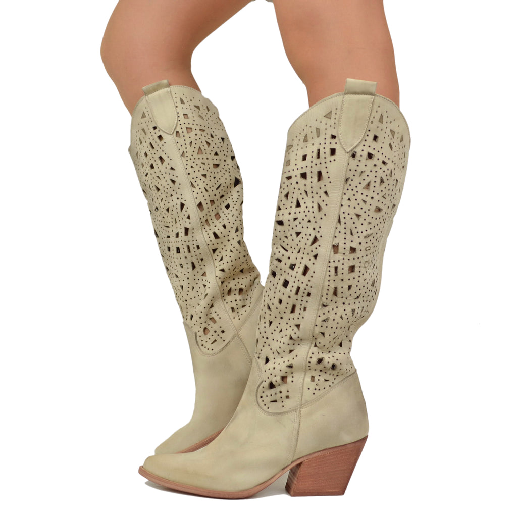 Perforated Summer Texan Boots in Vintage Beige Nubuck Made in Italy