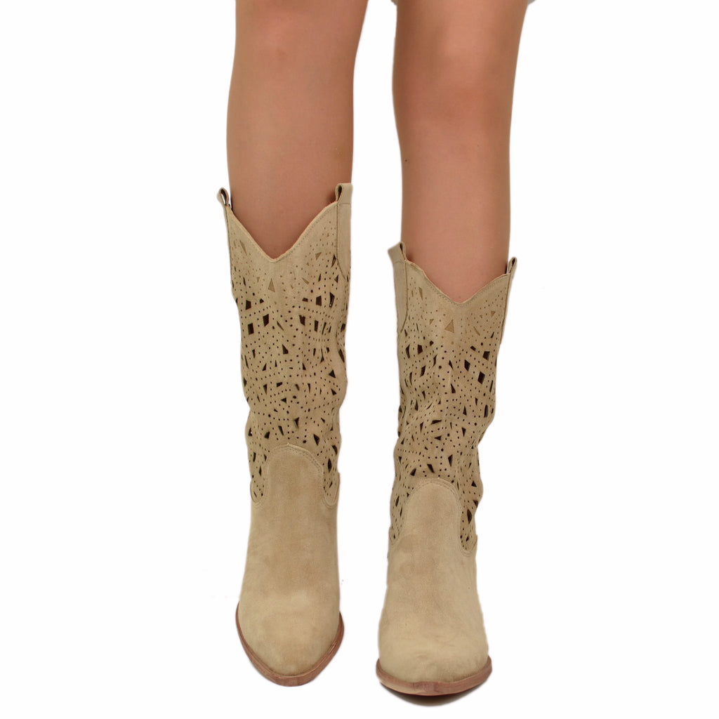 Perforated Summer Texan Boots in Beige Suede - 2