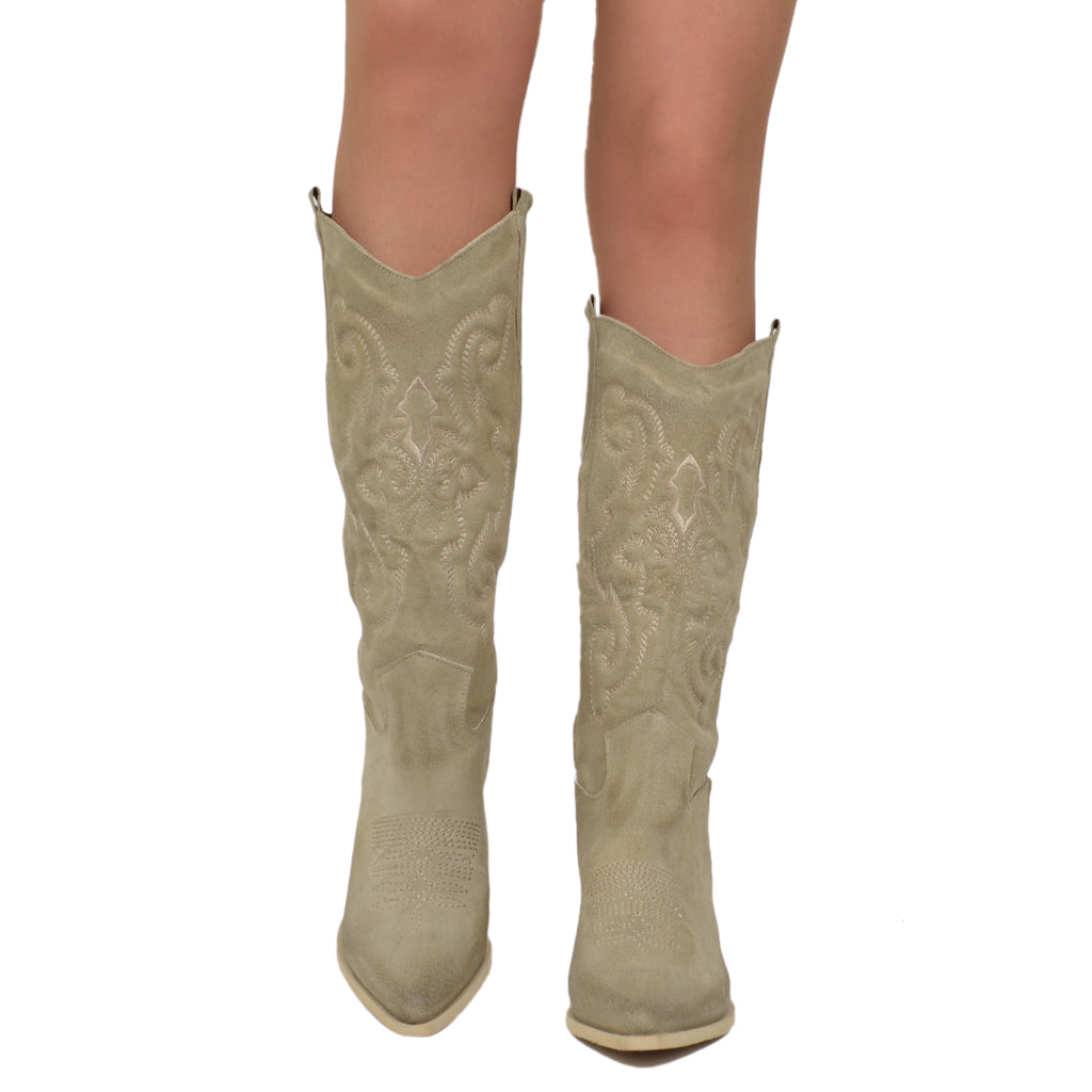 Taupe Texan Boots in Suede with Stitching - 4