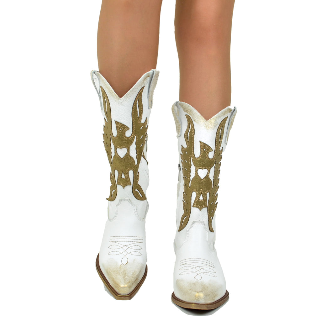 Women's Texan Boots with Zip in White and Golden Shaded Leather - 5