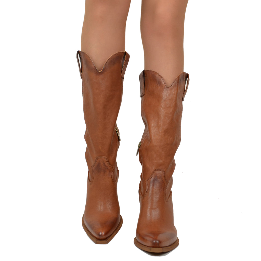 Stivali Texani Donna Marroni in Pelle Tacco 9 cm Made in Italy - 5