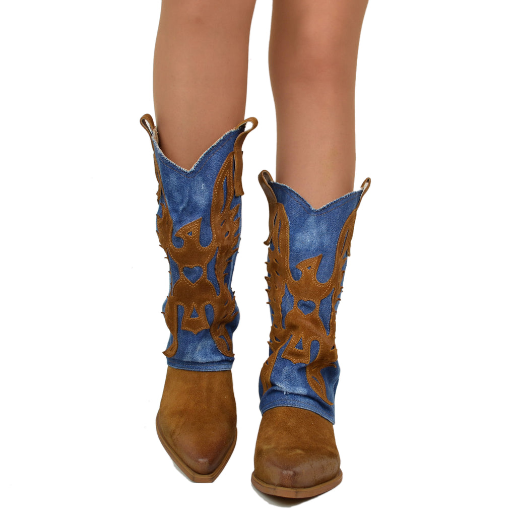 Women's Western Boots with Denim Gaiter and Suede Leather - 4
