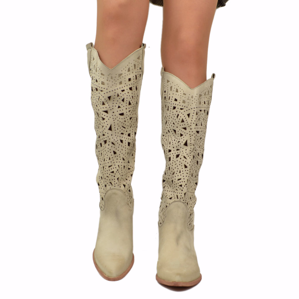 Perforated Summer Texan Boots in Vintage Beige Nubuck Made in Italy - 3