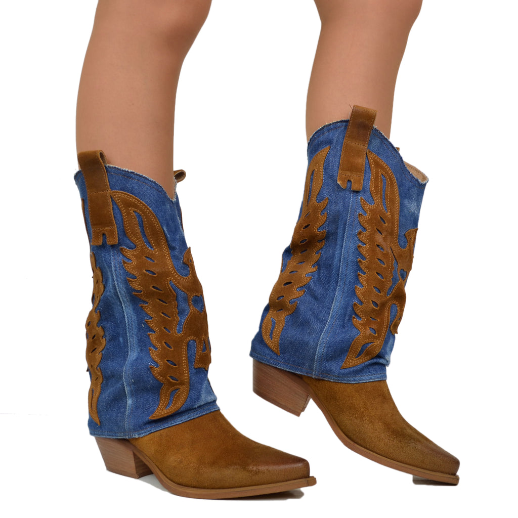 Women's Texan Boots with Gaiter in Jeans and Suede - 5