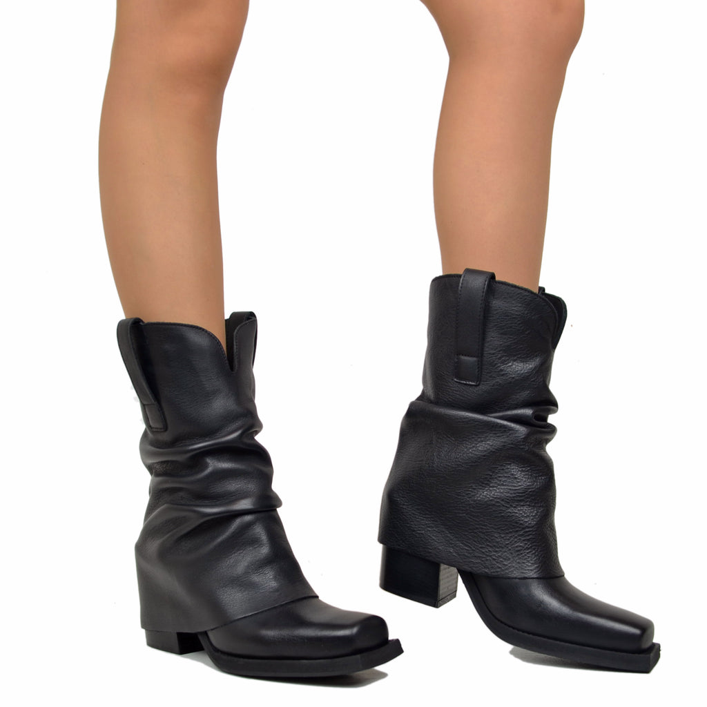 Texanische Stiefelette mit Gamasche mit quadratischer Zehenpartie aus schwarzem Leder - 4