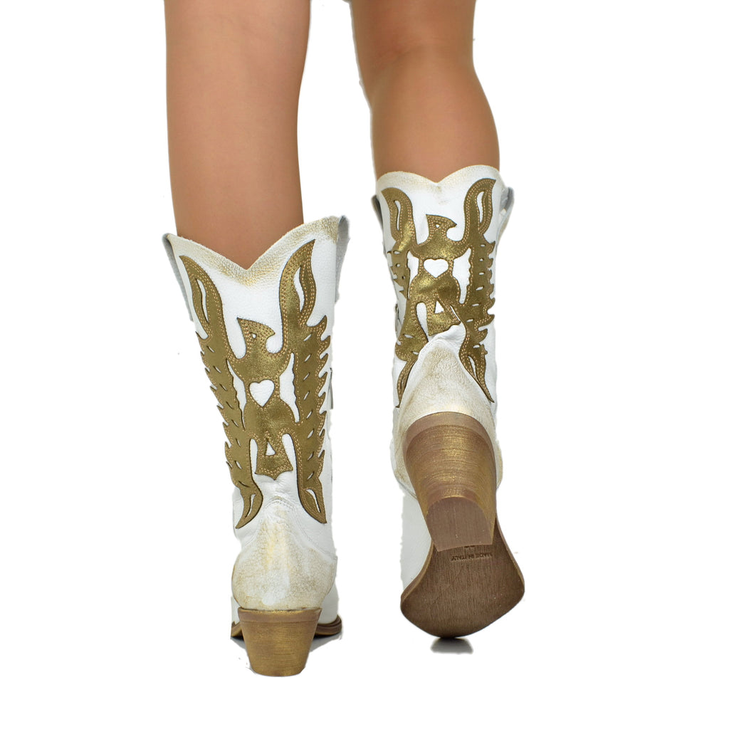 Women's Texan Boots with Zip in White and Golden Shaded Leather - 6