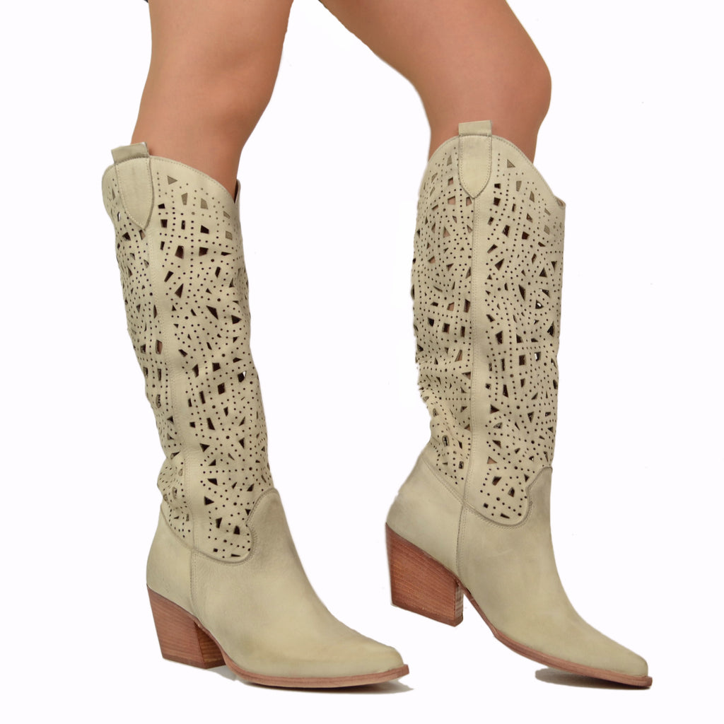 Perforated Summer Texan Boots in Vintage Beige Nubuck Made in Italy - 4