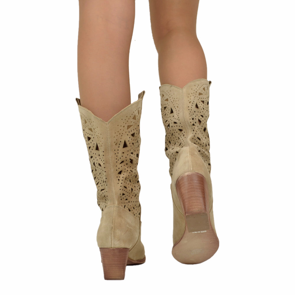 Perforated Summer Texan Boots in Beige Suede - 4