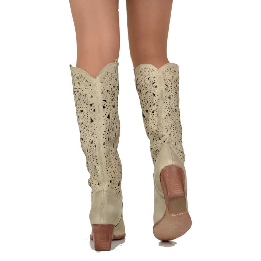 Perforated Summer Texan Boots in Vintage Beige Nubuck Made in Italy - 5