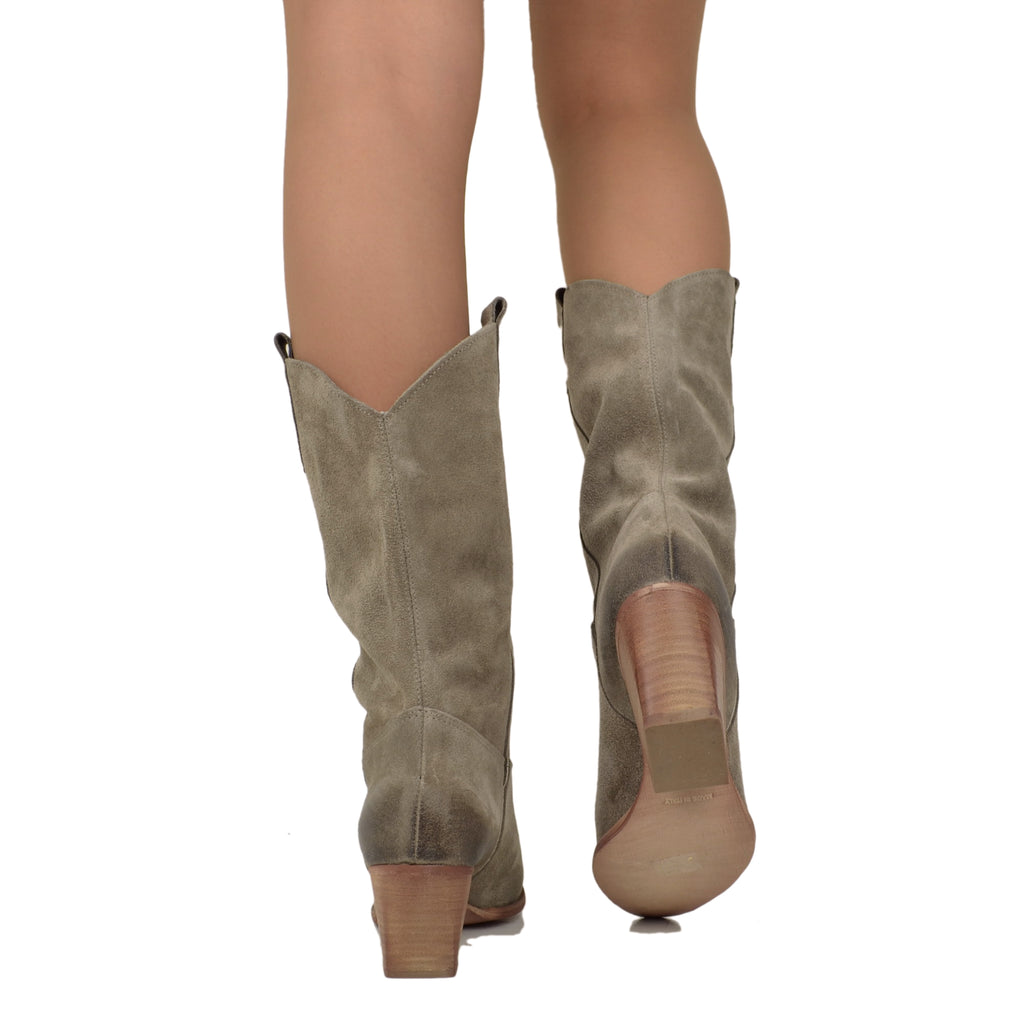 Women's Cowboy Boots in Taupe Suede Leather Made in Italy - 5