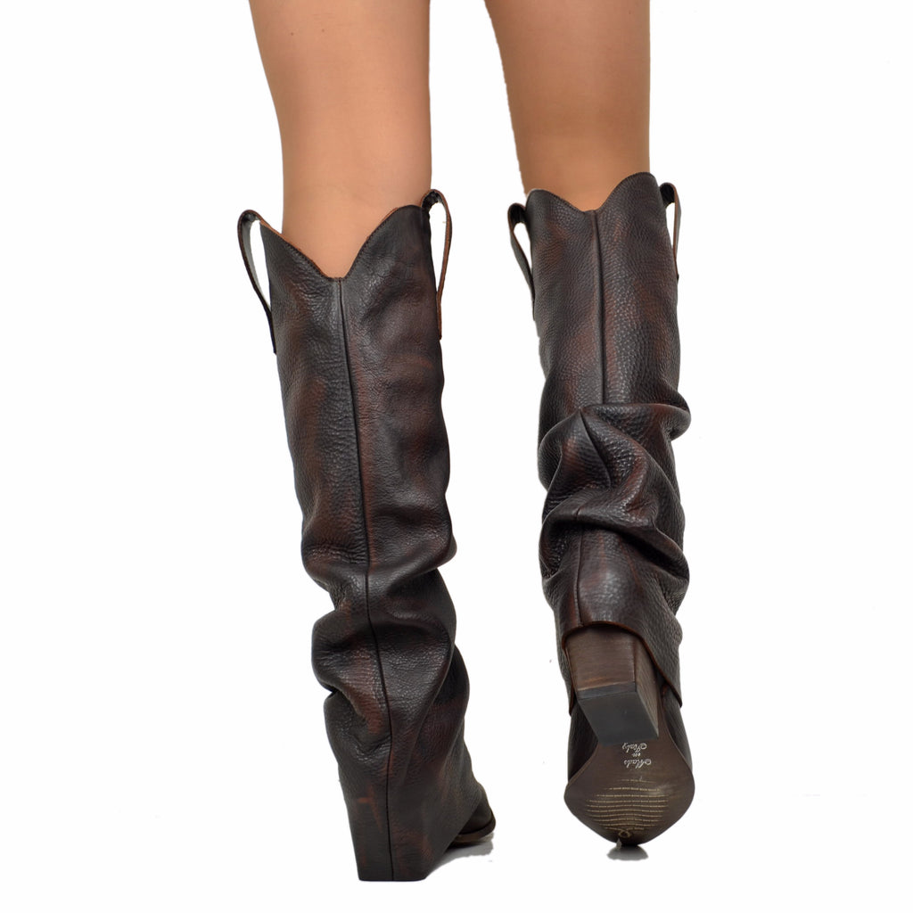 Dark Brown Texan Boots with Tumbled Leather Gaiter - 6