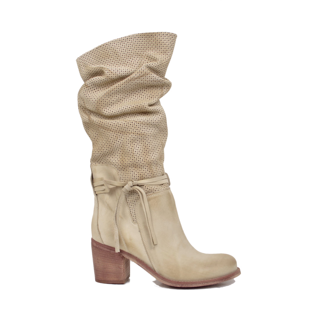 Stivali Estivi Donna Traforati in Pelle Sfumata Beige - 2