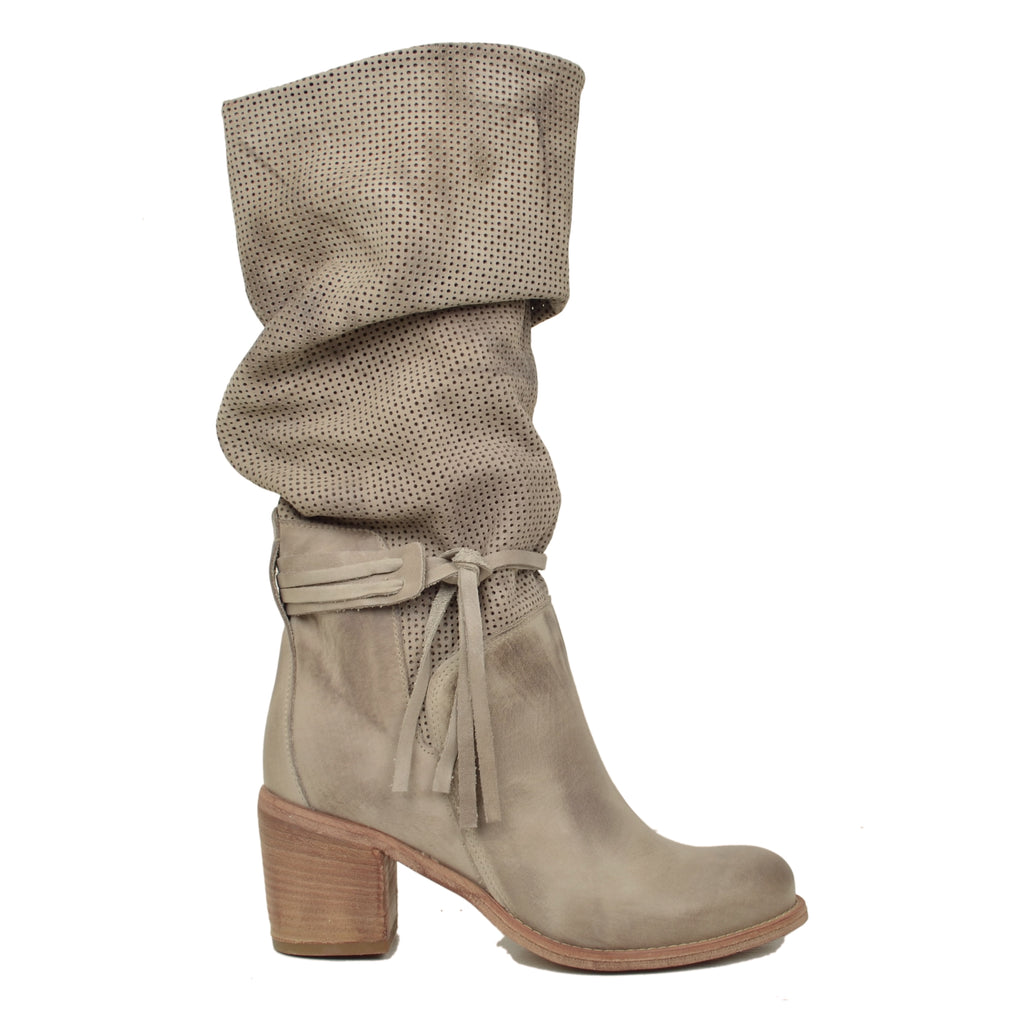 Perforated Women's Summer Boots in Taupe Shaded Leather - 2