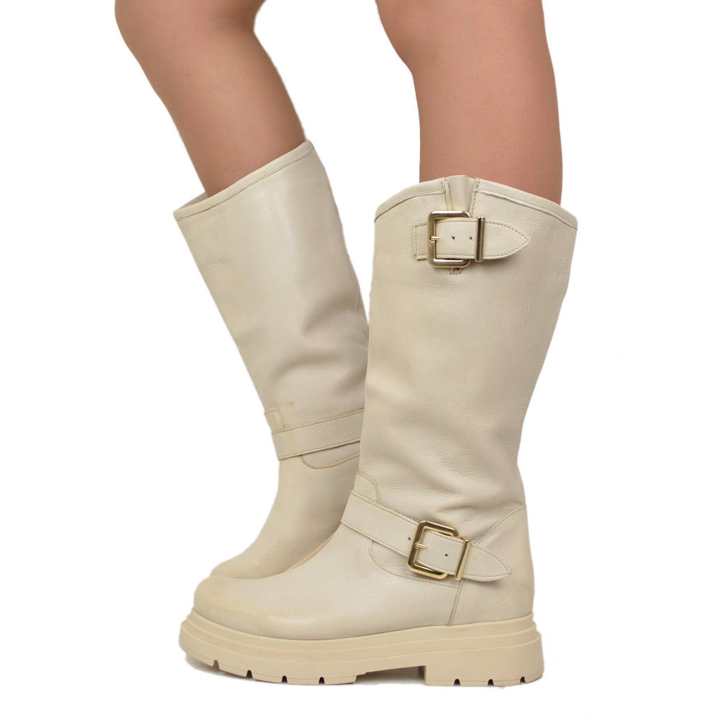 Beige Women's Biker Boots with Adjustable Buckles Made in Italy