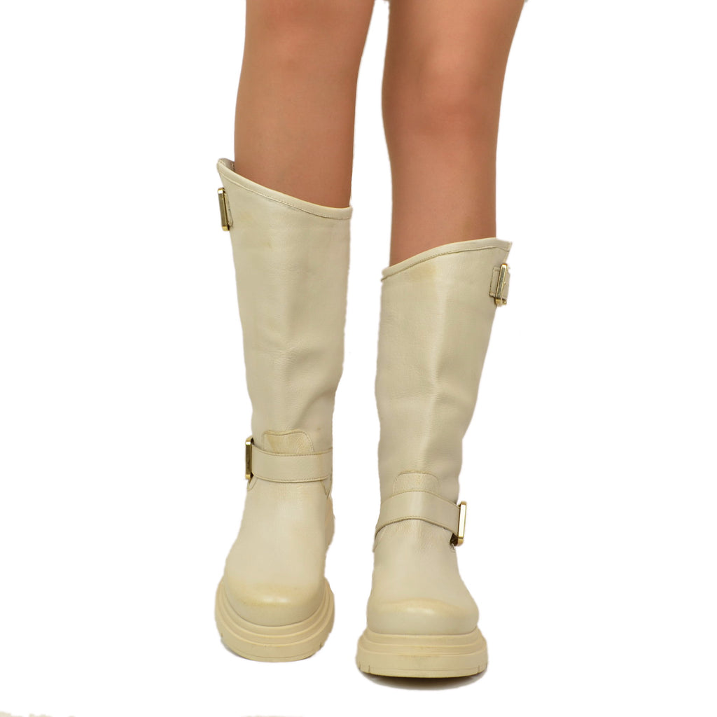 Beige Women's Biker Boots with Adjustable Buckles Made in Italy - 4