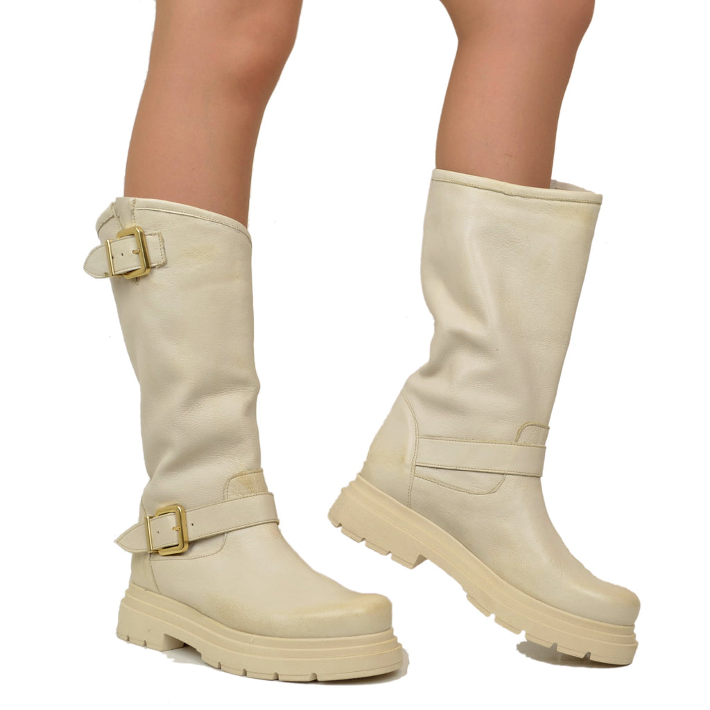 Beige Women's Biker Boots with Adjustable Buckles Made in Italy - 5
