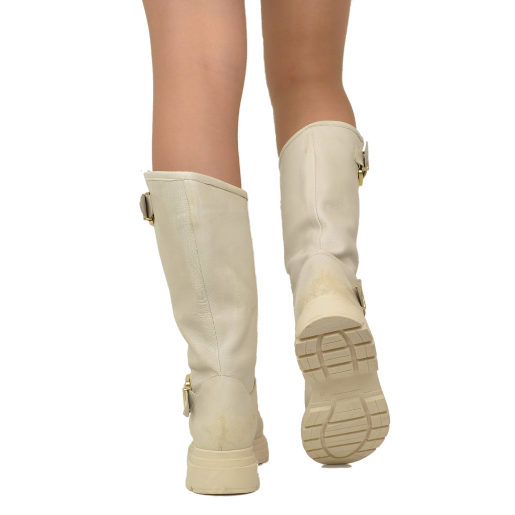Beige Women's Biker Boots with Adjustable Buckles Made in Italy - 6