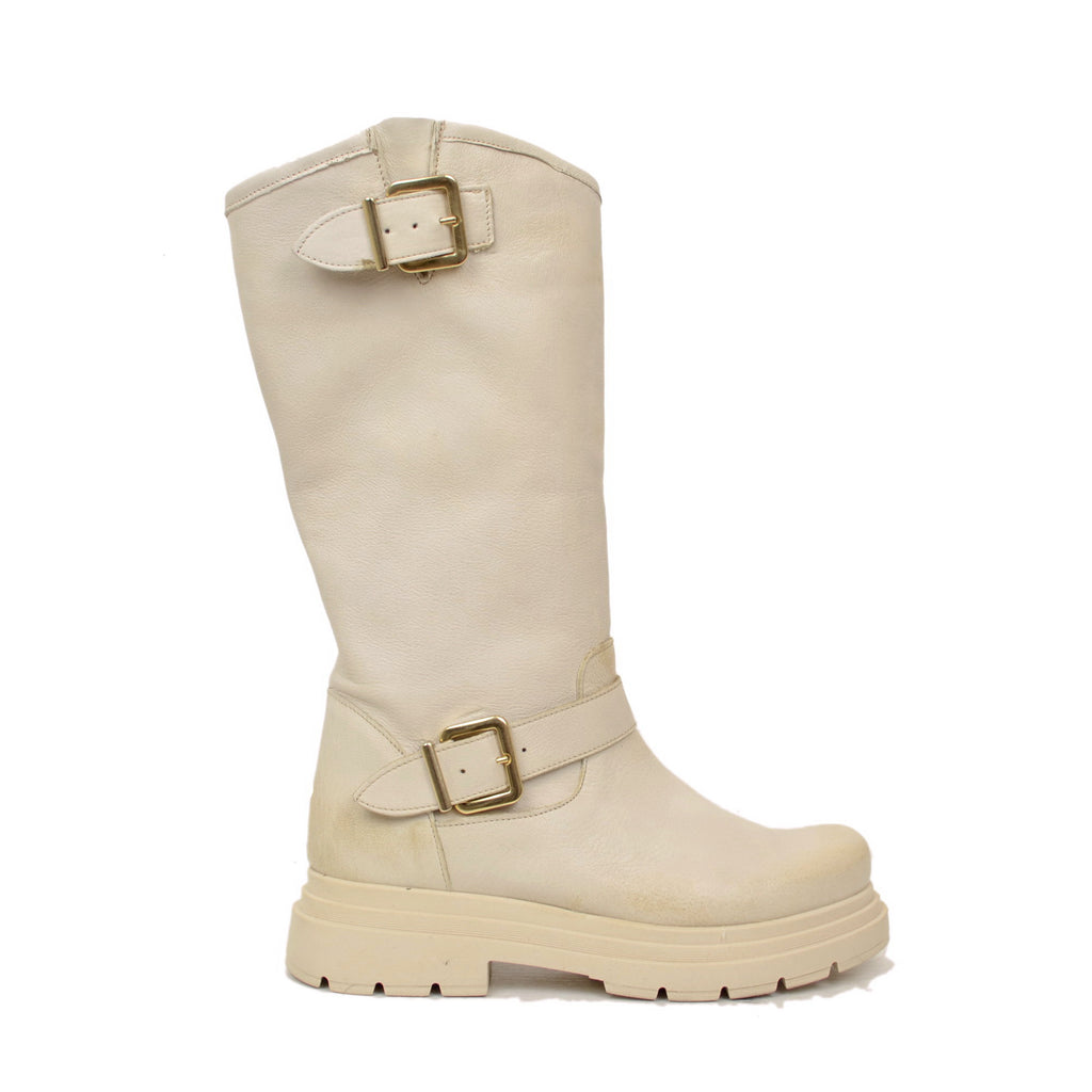 Beige Women's Biker Boots with Adjustable Buckles Made in Italy - 3