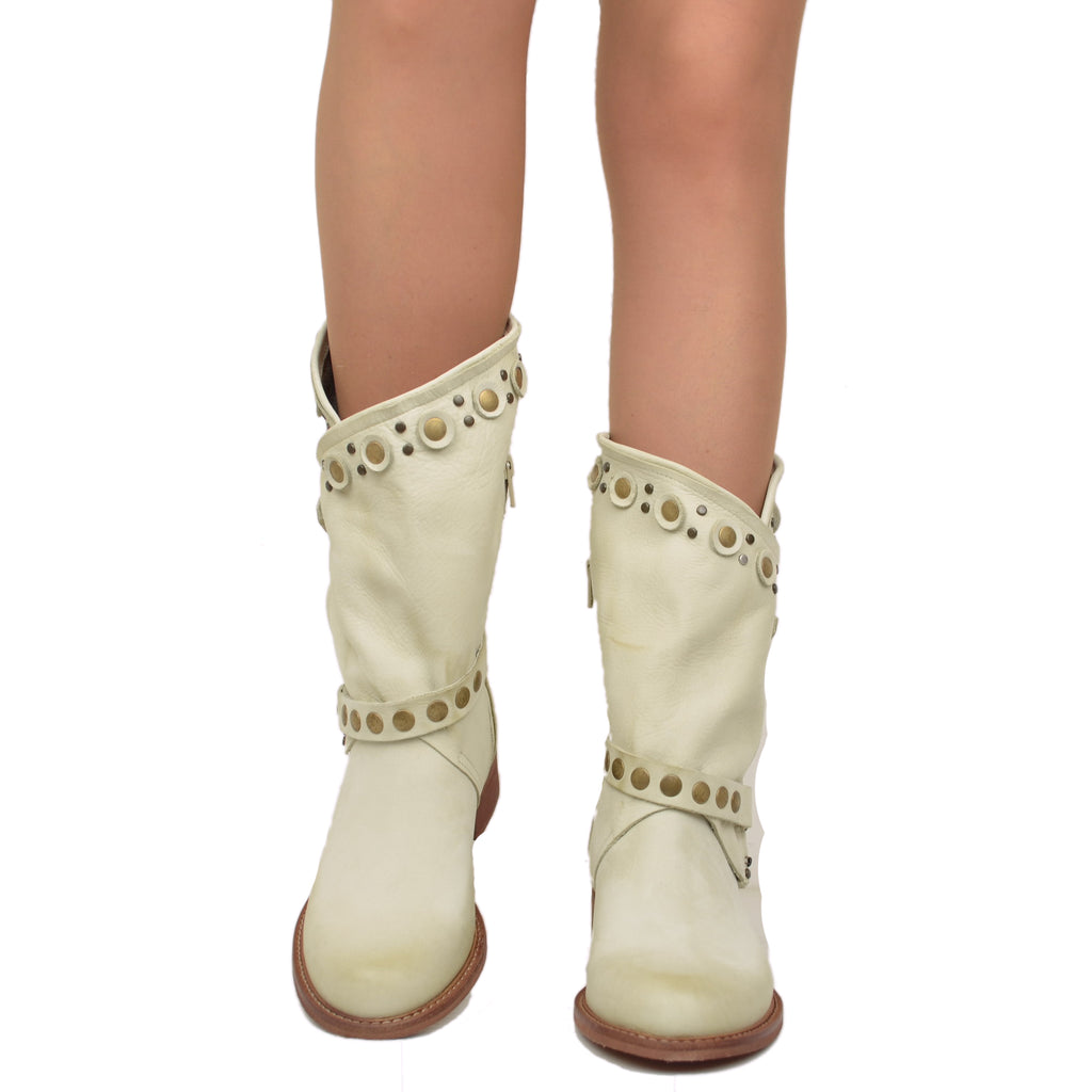 Beige Women's Summer Biker Boots in Leather with Studs and Zip - 3
