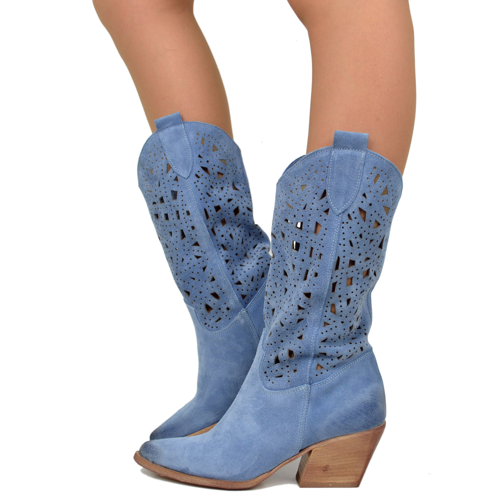 Perforated Summer Texan Boots in Jeans Suede