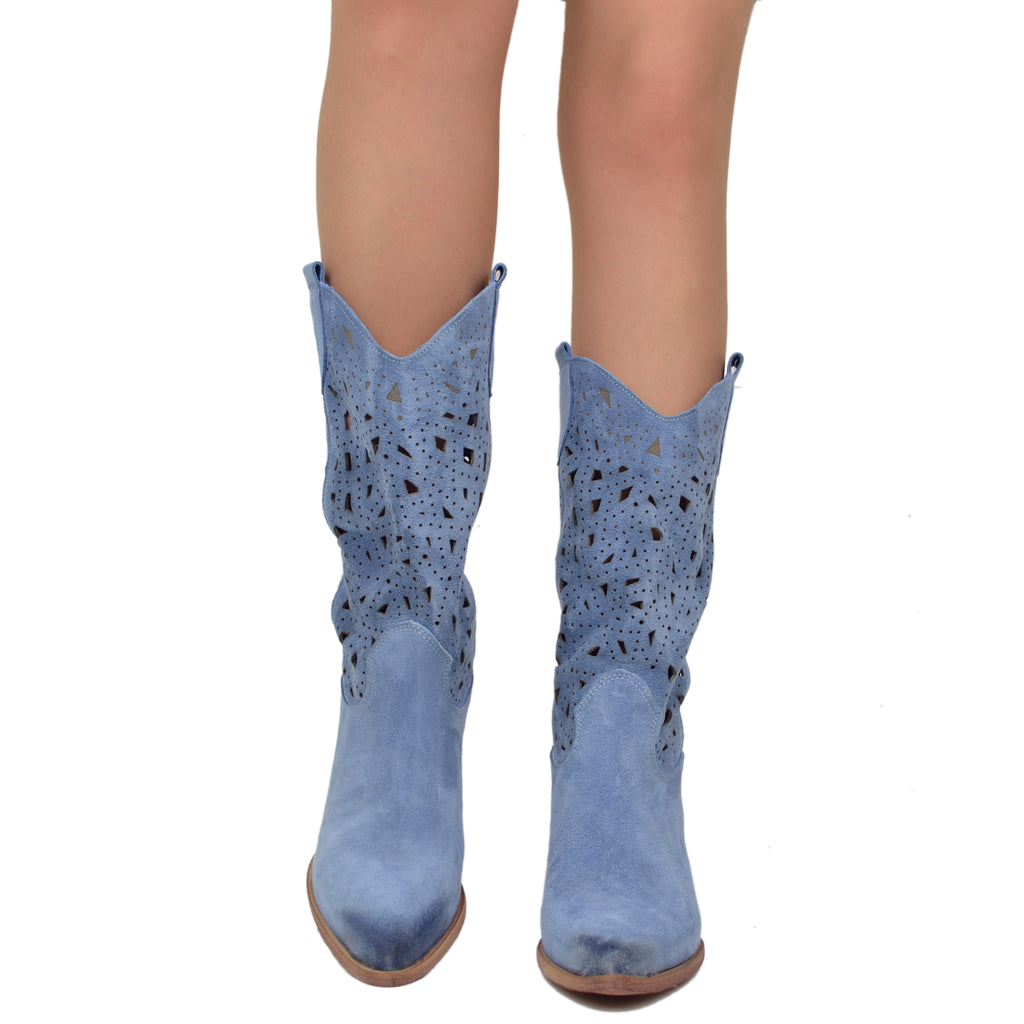 Perforated Summer Texan Boots in Jeans Suede - 4