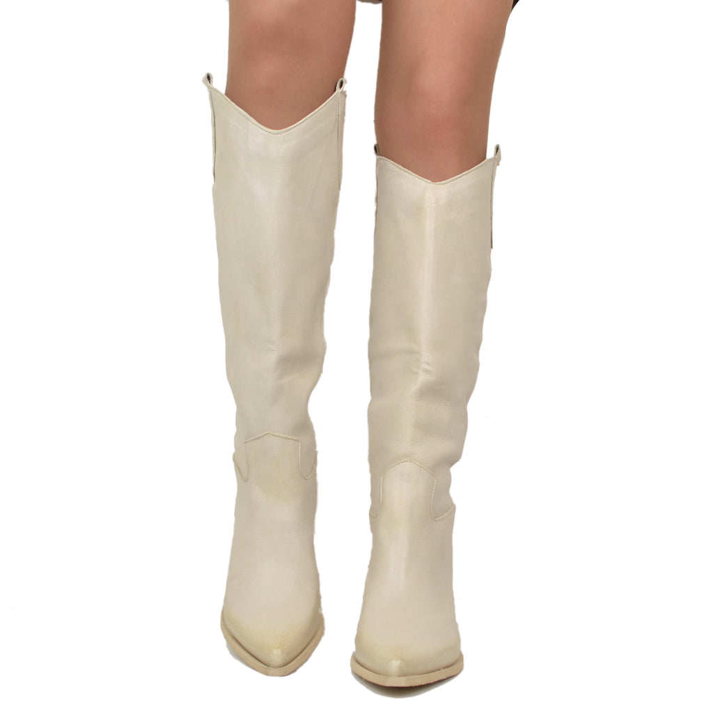 Women's Texan Boots in Sand-colored Leather Made in Italy - 5