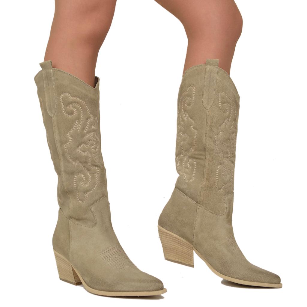Taupe Texan Boots in Suede with Stitching - 3