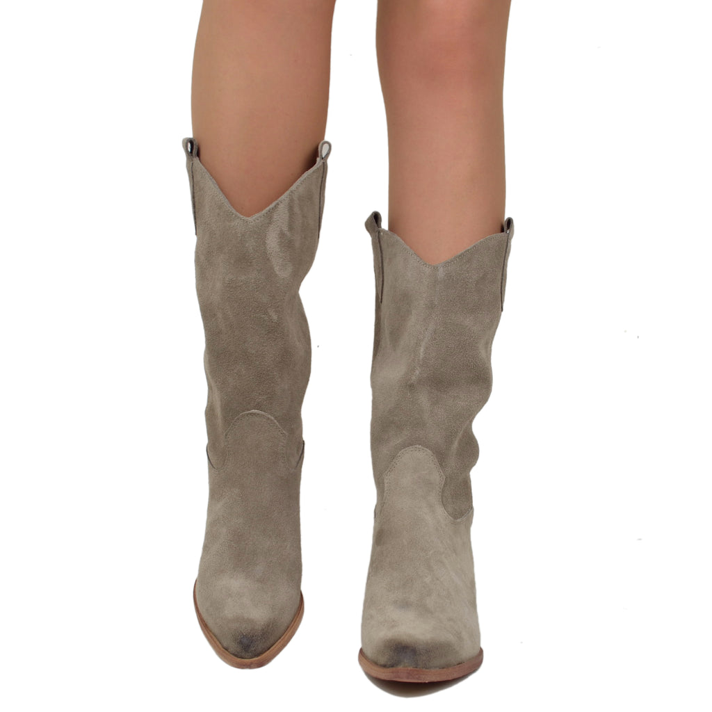 Women's Cowboy Boots in Taupe Suede Leather Made in Italy - 3