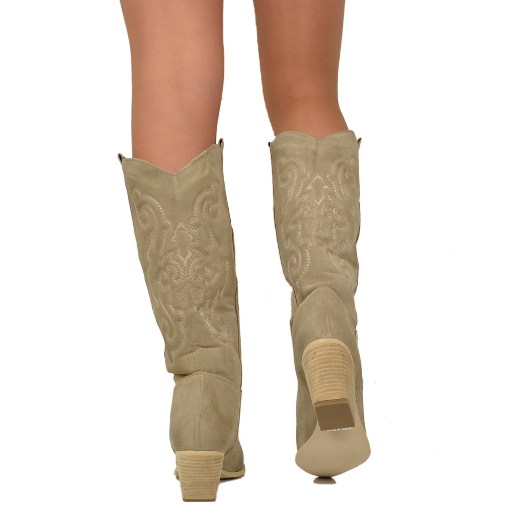 Taupe Texan Boots in Suede with Stitching - 5