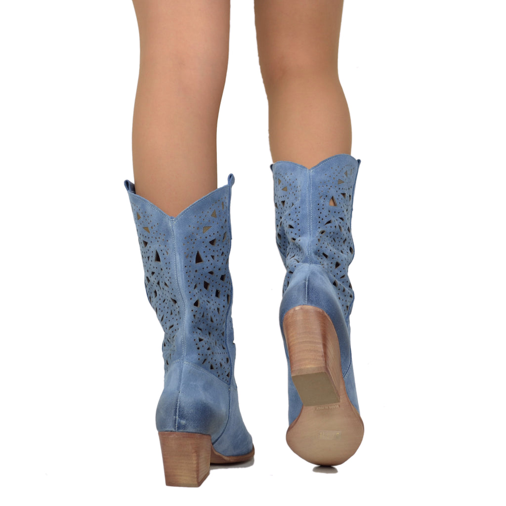Perforated Summer Texan Boots in Jeans Suede - 5