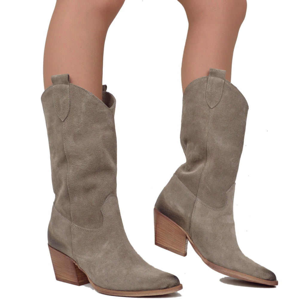 Women's Cowboy Boots in Taupe Suede Leather Made in Italy - 4