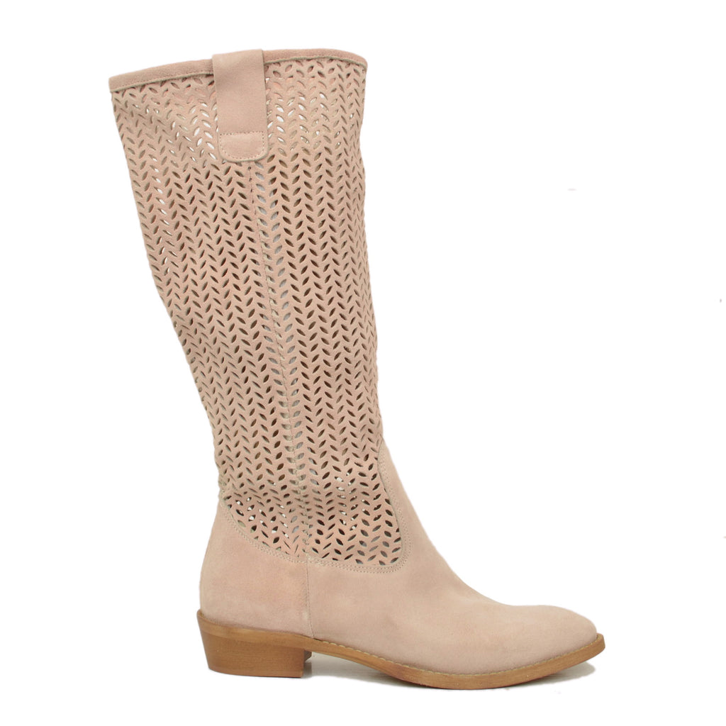 Suede Summer Boots in Powder Perforated Leather with Pointed Toe - 2