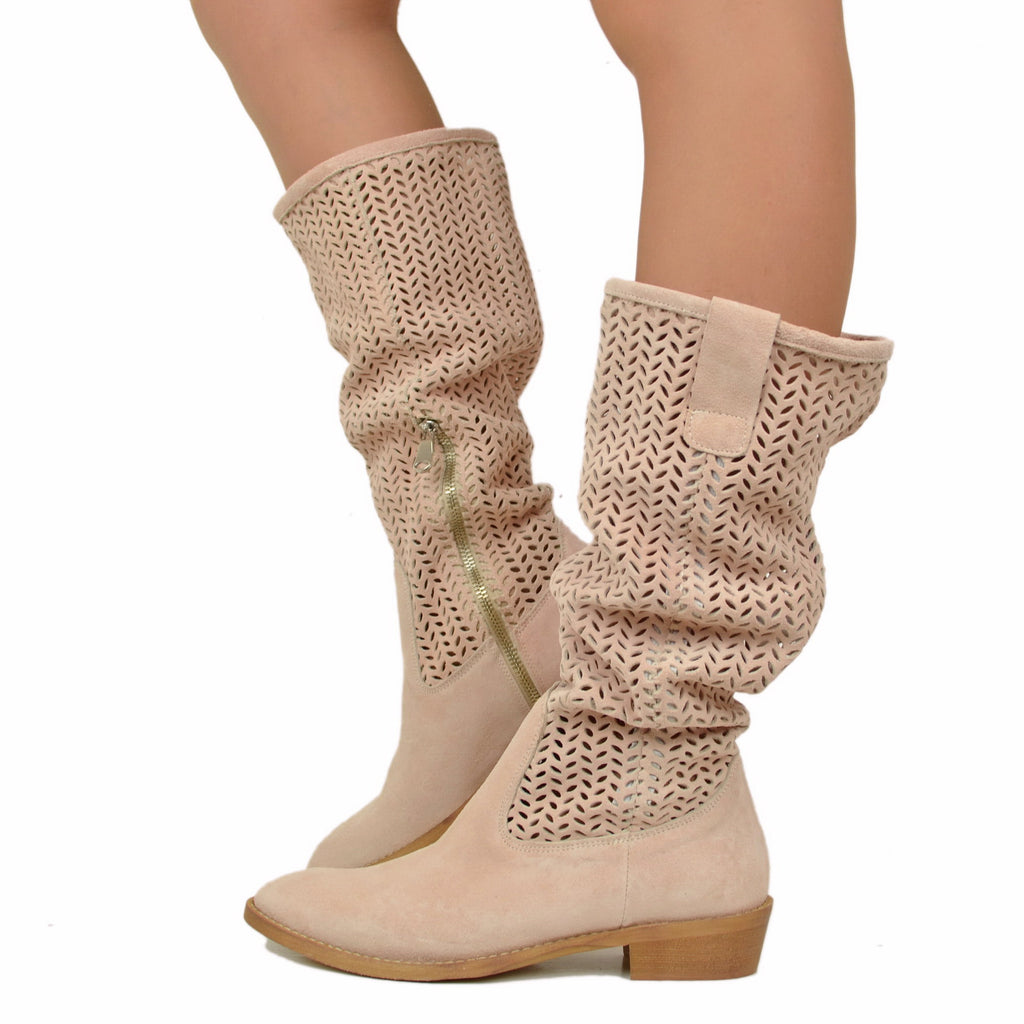 Suede Summer Boots in Powder Perforated Leather with Pointed Toe
