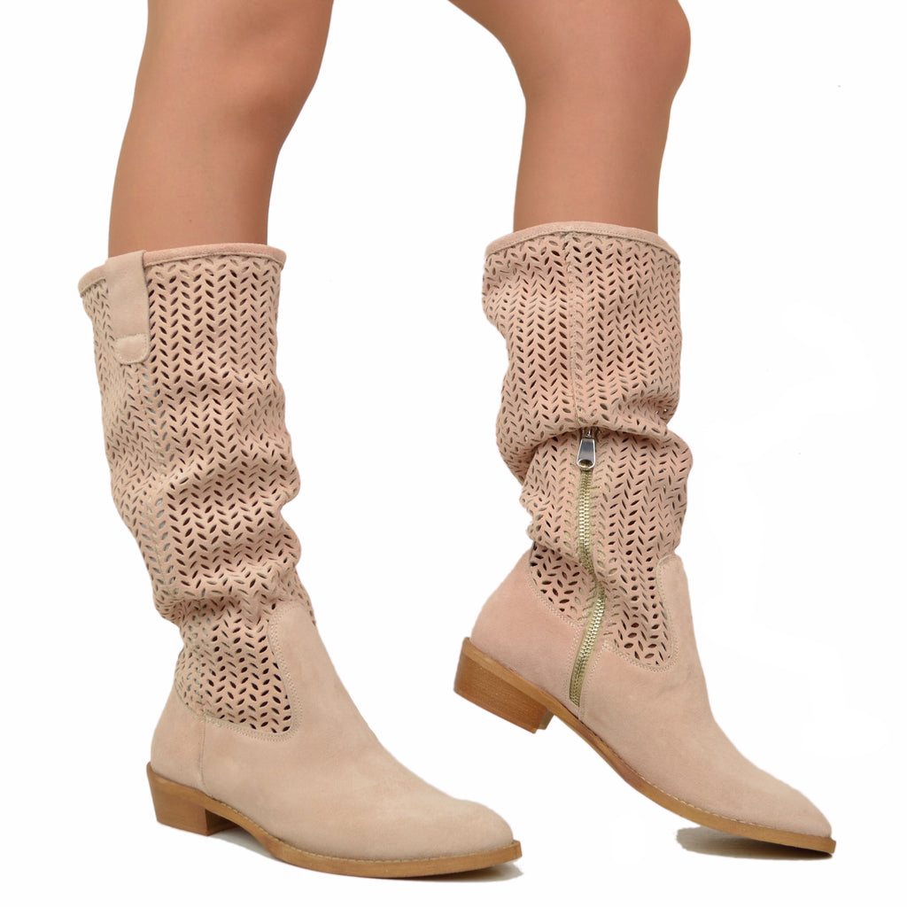 Suede Summer Boots in Powder Perforated Leather with Pointed Toe - 5