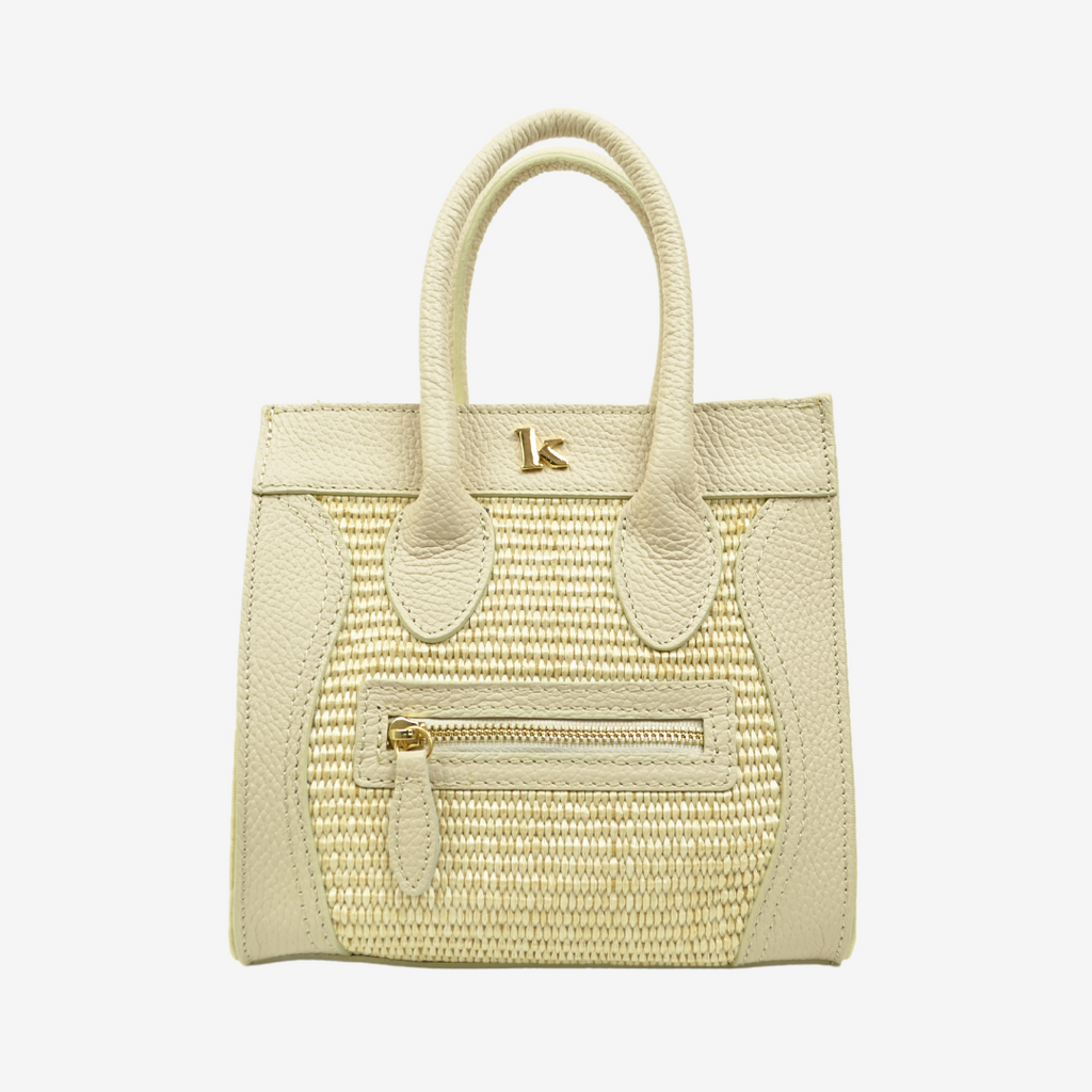 Borsa a Mano in Rafia e in Pelle Beige con Taschino Anteriore