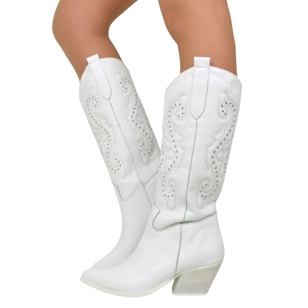 High Texans with Embroidery and Silver Studs. White Domed Leg