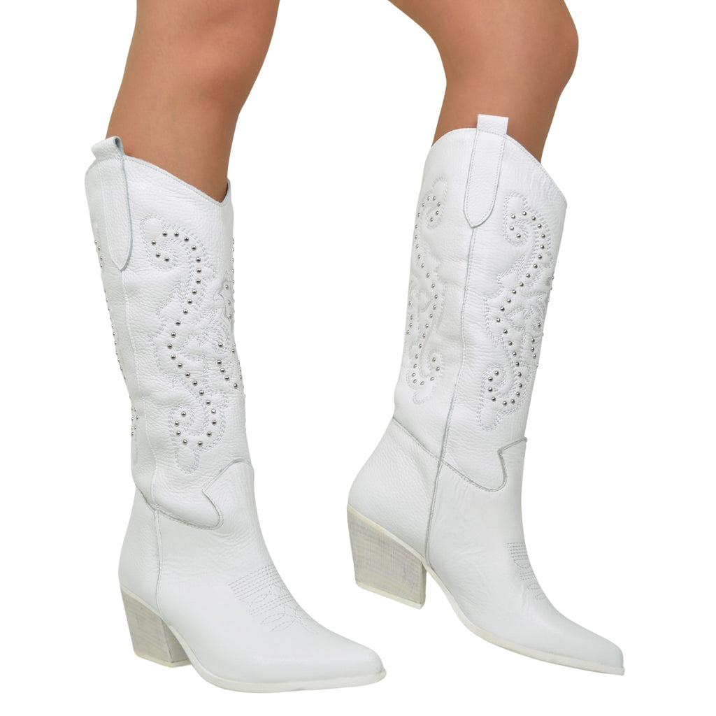 High Texans with Embroidery and Silver Studs. White Domed Leg - 3
