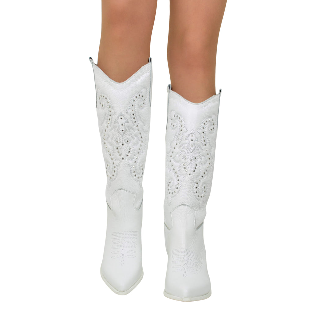High Texans with Embroidery and Silver Studs. White Domed Leg - 4