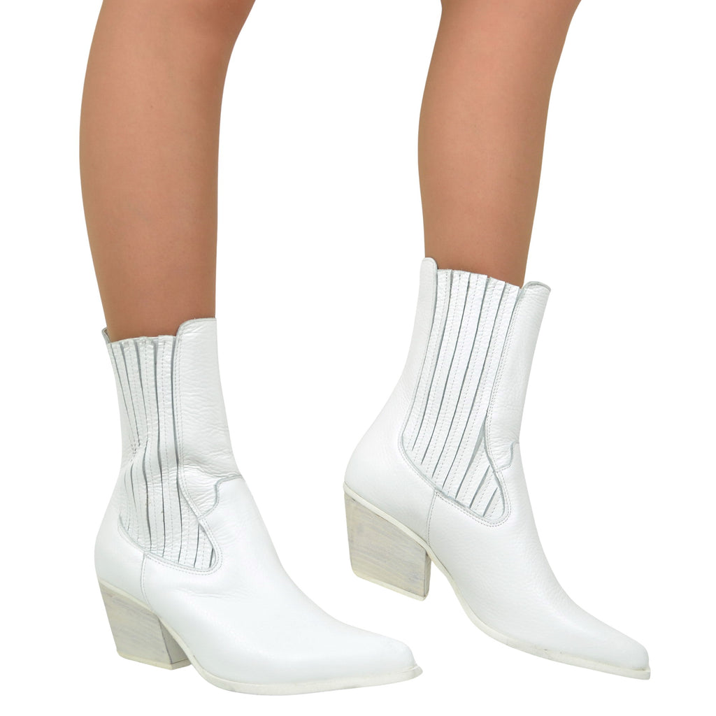 White Women's Texan Boots in Stretch Leather Made in Italy - 4