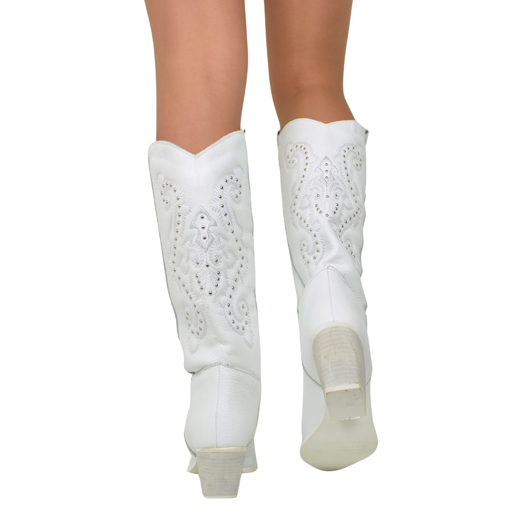 High Texans with Embroidery and Silver Studs. White Domed Leg - 5