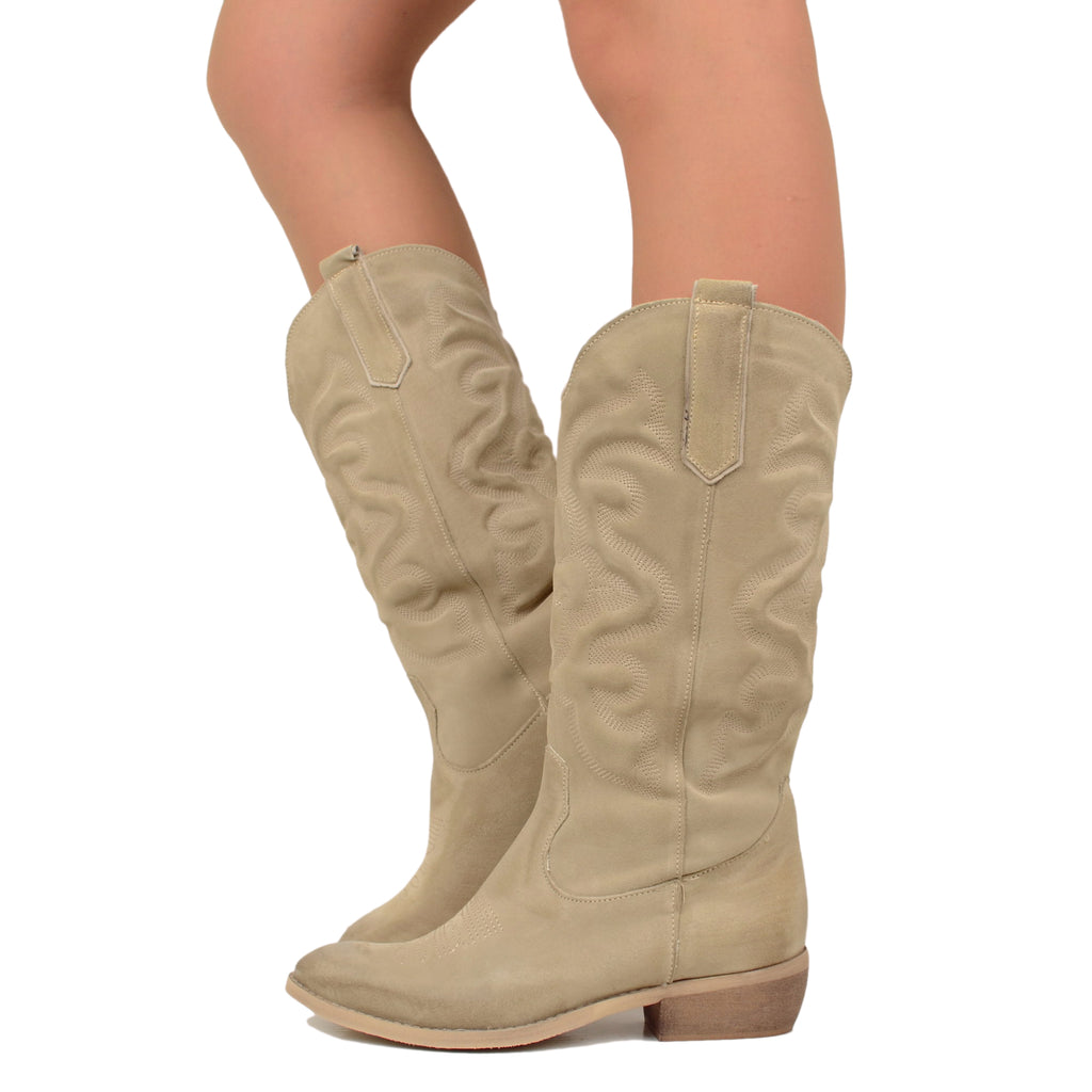 Beige Women's Texan Boots in Suede Leather with Stitching