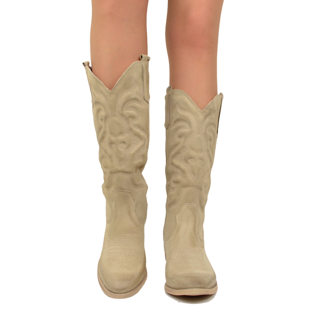 Beige Women's Texan Boots in Suede Leather with Stitching - 2